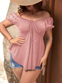 SHEIN Clasi Plus Off Shoulder Drawstring Front Curved Hem Tee - Dusty Pink - View 5