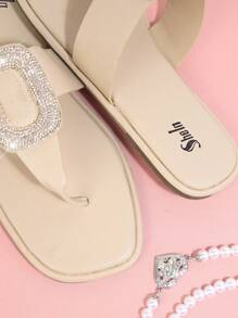 方頭T字帶夾趾平底涼鞋 - 杏色 - 查看 4