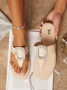 方頭T字帶夾趾平底涼鞋 - 杏色 - 查看 1