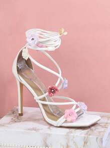 Tacones de punta cuadrada con diseño flor con cordón - Blanco - Ver 3