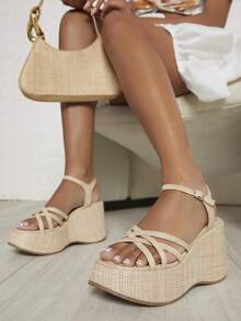 拉菲草露趾坡跟高跟鞋 - 米色 - 查看 3