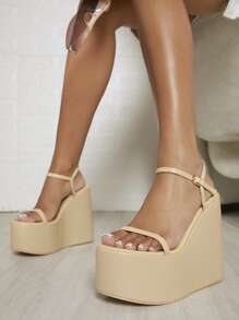 Giày bệt dày và Dép nêm Nữ Khóa màu trơn Dây đeo mắt cá chân Đúng mốt - Màu be - Xem 4