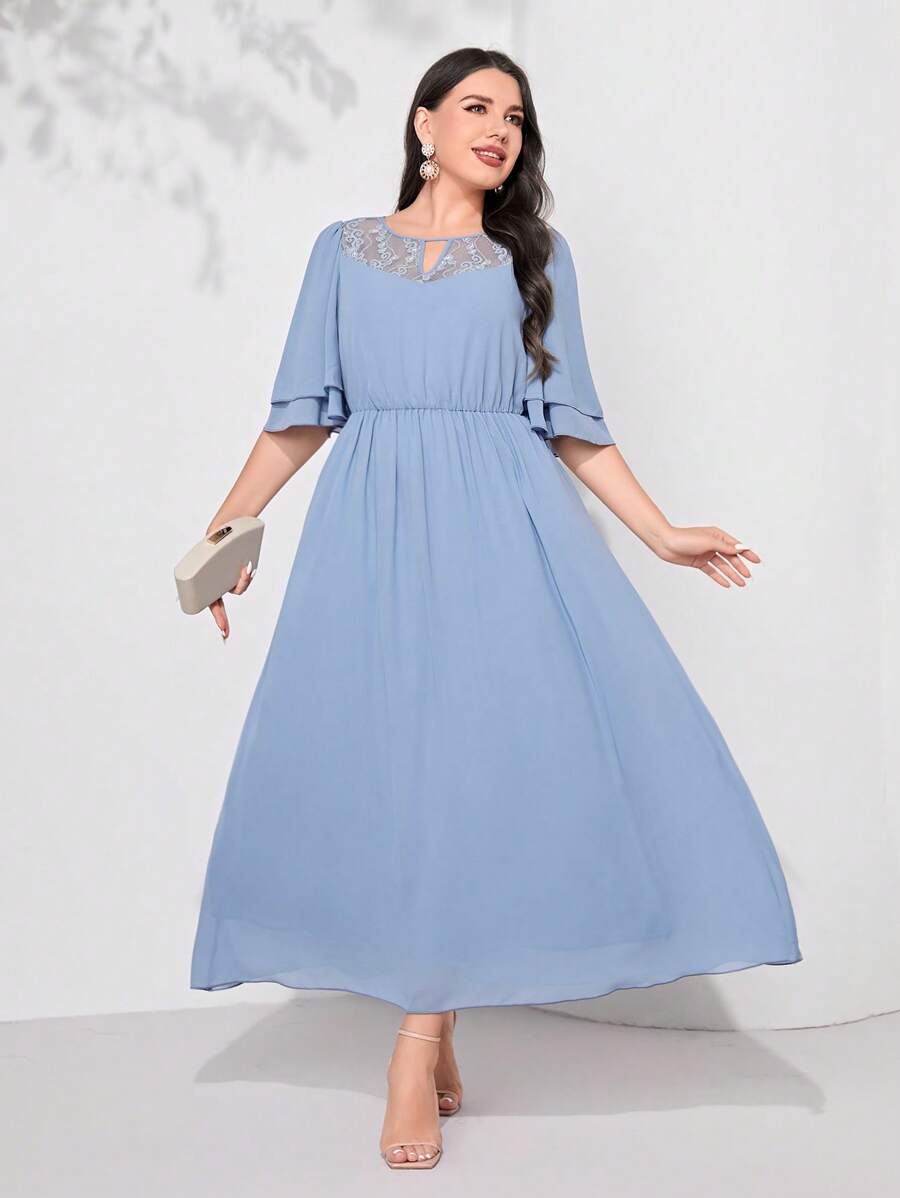 Modelyn Plus Keyhole Neckline Butterfly Sleeve Dress - Baby Blue - View 1