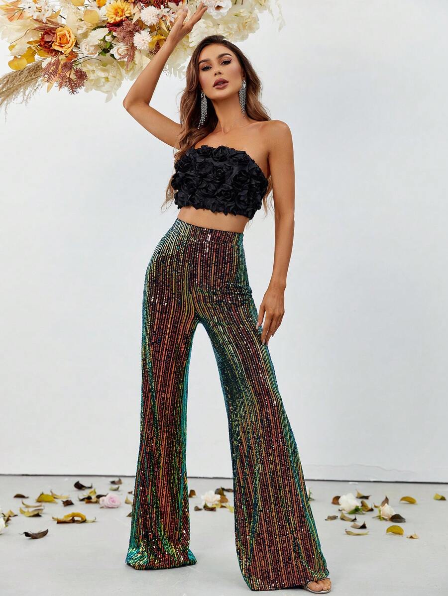 Bộ đồ hai mảnh nữ viền lá sen màu trơn Buổi tiệc - màu đen - Xem 1