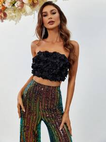 Bộ đồ hai mảnh nữ viền lá sen màu trơn Buổi tiệc - màu đen - Xem 3