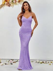 Mermaid Hem Sequin Cami Formal Dress - Mauve Purple - View 1