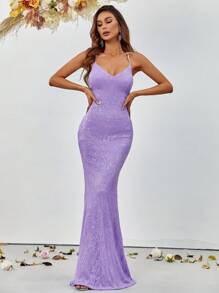 Mermaid Hem Sequin Cami Formal Dress - Mauve Purple - View 6