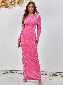 小高領下擺開叉亮片正式連衣裙 - 粉色 - 查看 4