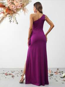 Women's Solid Color Ruffle Shoulder Side Slit Hem Cocktail Party Dress - Red Violet - View 2