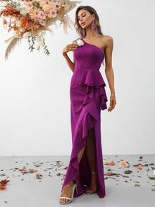 Women's Solid Color Ruffle Shoulder Side Slit Hem Cocktail Party Dress - Red Violet - View 4
