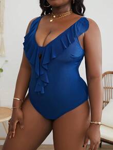 SHEIN Plus Ruffle Trim One Piece Swimsuit - Blue - View 5
