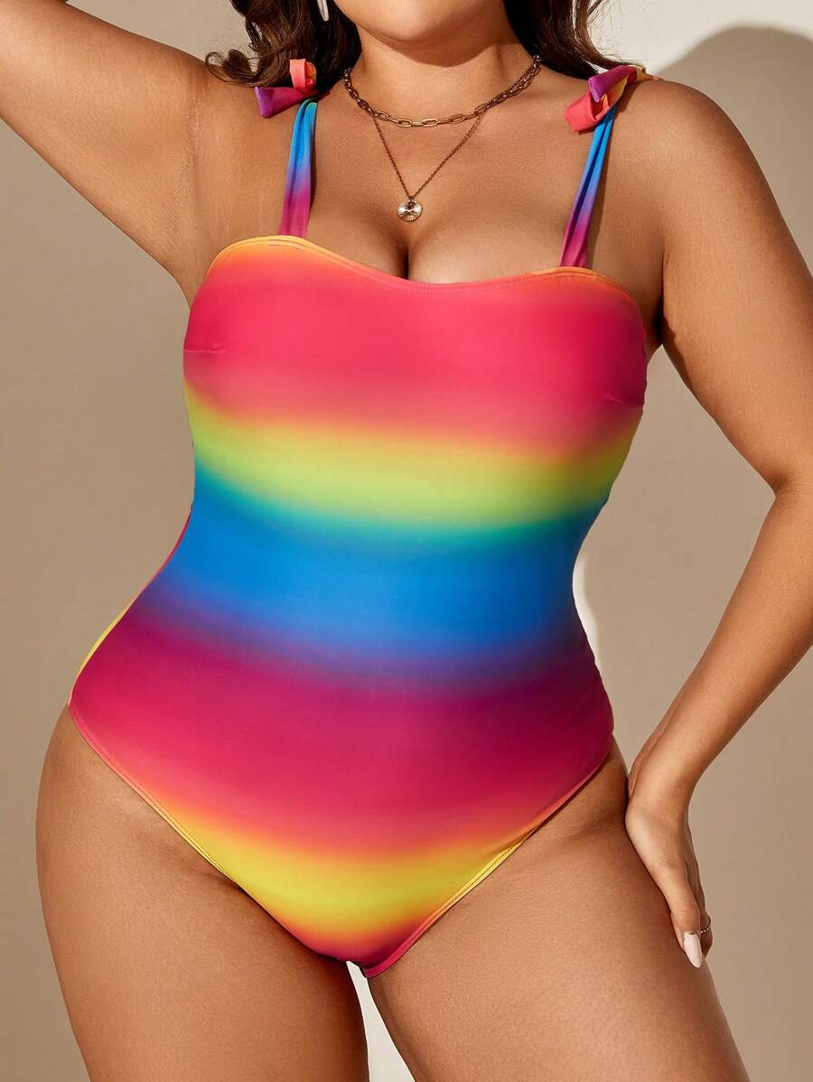 SHEIN Swim Curve 渐变色连体泳衣，适合夏季海滩度假 - 彩色 - 查看 1
