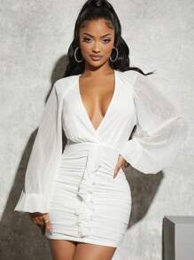 SHEIN SXY 深V領燈籠袖荷葉邊褶邊緊身連衣裙 - 白色 - 查看 1