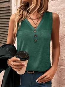 SHEIN LUNE Áo khoác và áo lót dành cho xe tăng nữ Nút phía trước màu trơn Giải trí - Màu xanh lá cây đậm - Xem 1