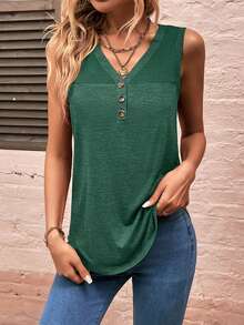 SHEIN LUNE Áo khoác và áo lót dành cho xe tăng nữ Nút phía trước màu trơn Giải trí - Màu xanh lá cây đậm - Xem 3