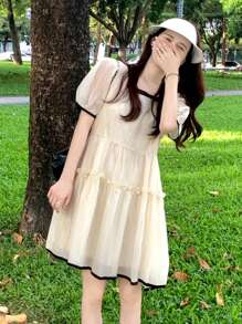 Vestido smock ribete en contraste de manga farol bajo con fruncido - Albaricoque - Ver 1