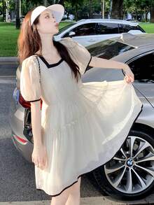 Vestido smock ribete en contraste de manga farol bajo con fruncido - Albaricoque - Ver 3