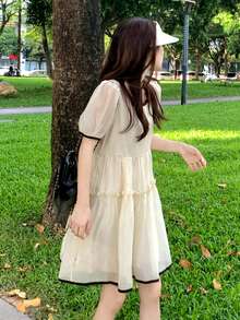 Vestido smock ribete en contraste de manga farol bajo con fruncido - Albaricoque - Ver 6