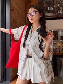 Camisa amplia con estampado de hombros caídos - Verde - Ver 4