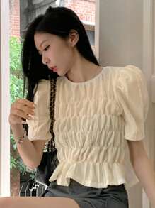 Blusa peplum unicolor de manga farol fruncido - Albaricoque - Ver 1