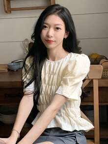 Blusa peplum unicolor de manga farol fruncido - Albaricoque - Ver 4