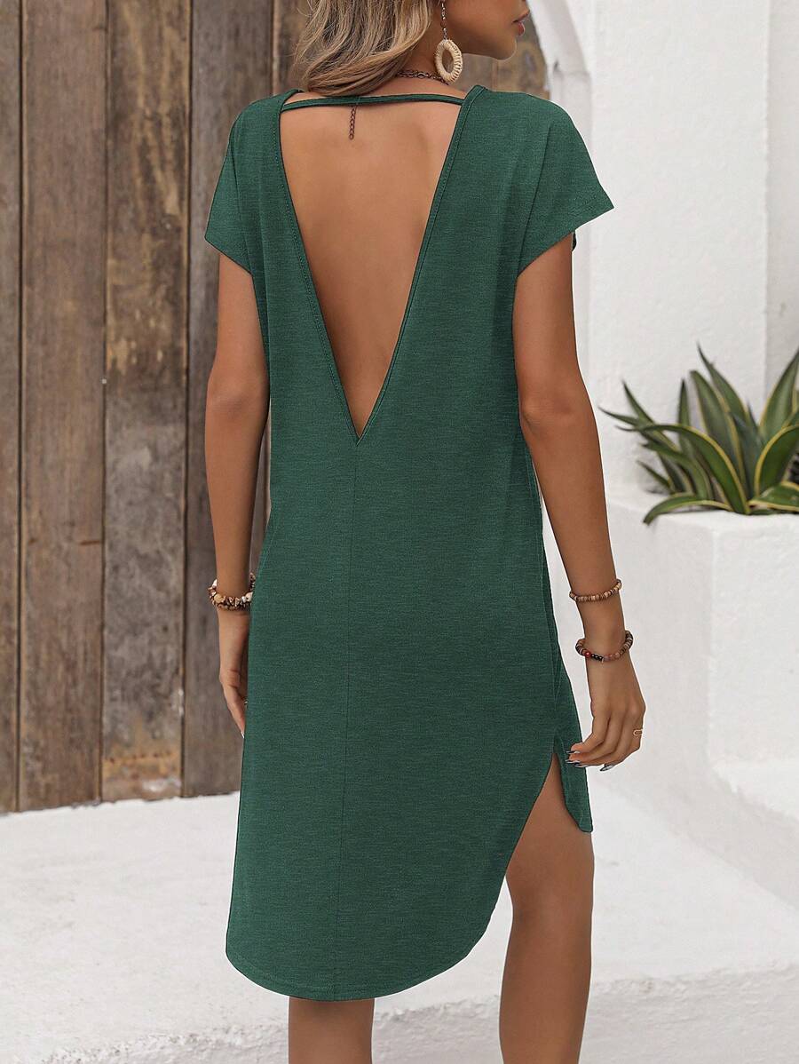 SHEIN LUNE Cut Out Backless Batwing Sleeve Tee Dress - Dark Green - View 1