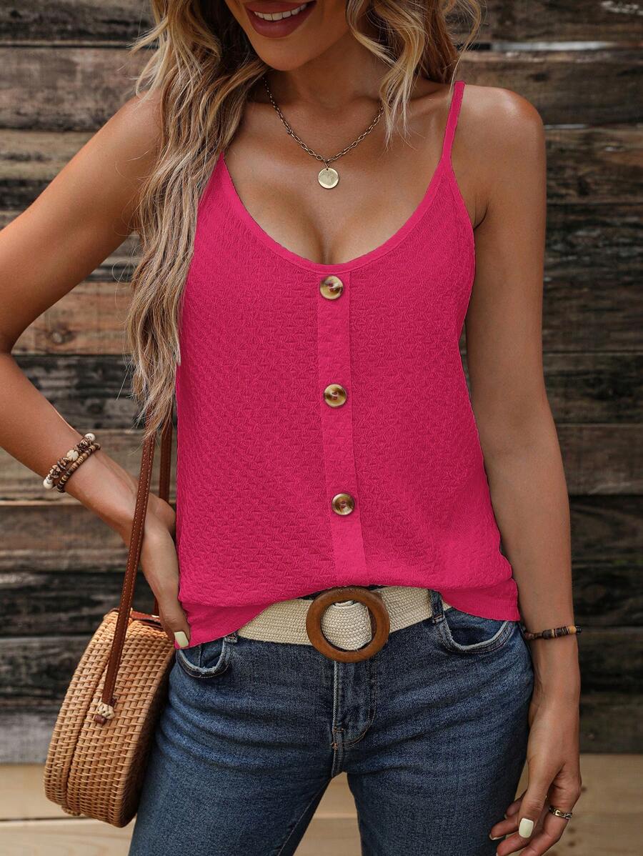 SHEIN LUNE Top de tirantes unicolor con botón delantero - Rosa Fucsia - Ver 1