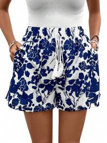SHEIN VCAY Floral Print Tie Front Shorts - Blue and White - View 1