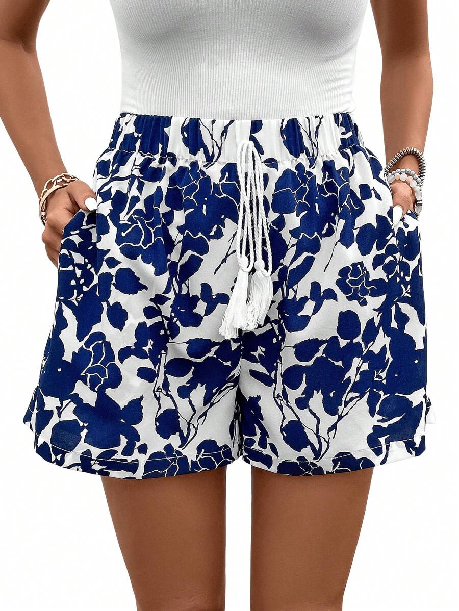 SHEIN VCAY Floral Print Tie Front Shorts - Blue and White - View 1
