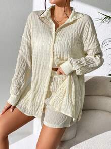 SHEIN Essnce 落肩袖前紐扣襯衫和短褲 - 杏色 - 查看 1