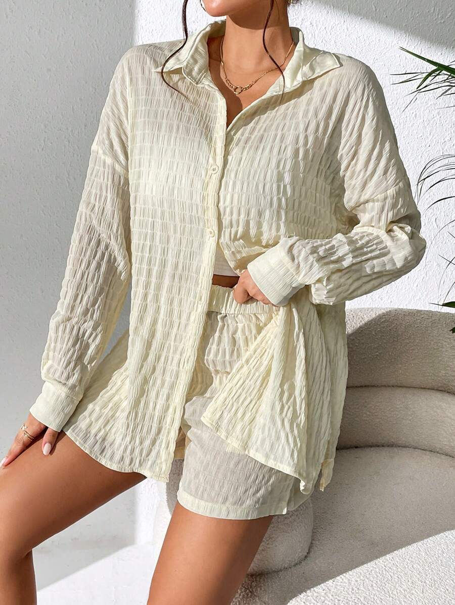 SHEIN Essnce 落肩袖前紐扣襯衫和短褲 - 杏色 - 查看 1