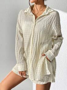 SHEIN Essnce 落肩袖前紐扣襯衫和短褲 - 杏色 - 查看 3