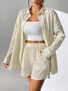 SHEIN Essnce 落肩袖前紐扣襯衫和短褲 - 杏色 - 查看 5