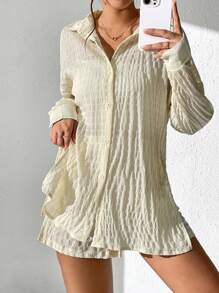 SHEIN Essnce 落肩袖前紐扣襯衫和短褲 - 杏色 - 查看 6