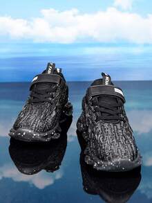 男孩魔術貼系帶設計字母圖案織物跑步鞋適合夏天