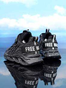 男孩魔術貼系帶設計字母圖案織物跑步鞋適合夏天