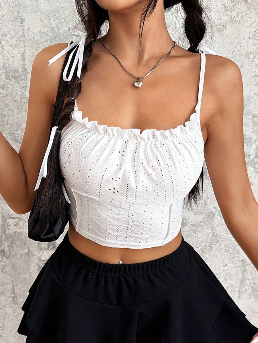 SHEIN Qutie Frill Trim Schiffy Cami Top - White - View 1