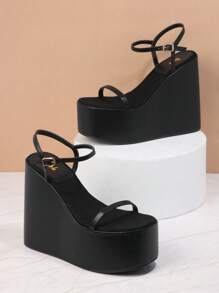 SHUZIA 踝帶時尚扣飾純色女士坡跟厚底涼鞋 - 黑色 - 查看 2