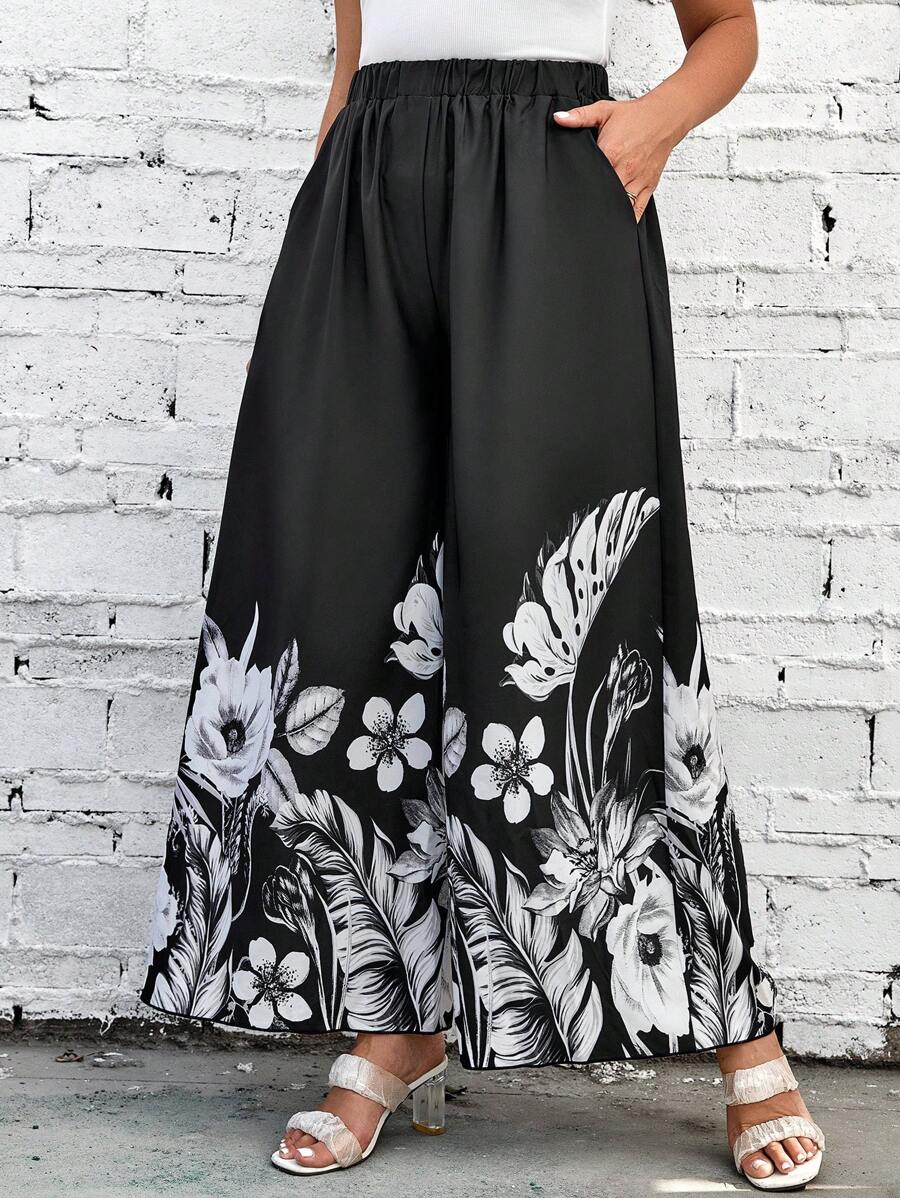 SHEIN Holidaya Pantalones de pierna ancha con estampado floral - Negro - Ver 1