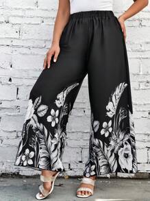 SHEIN Holidaya Pantalones de pierna ancha con estampado floral - Negro - Ver 4