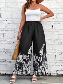 SHEIN Holidaya Pantalones de pierna ancha con estampado floral - Negro - Ver 5