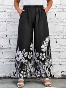 SHEIN Holidaya Pantalones de pierna ancha con estampado floral - Negro - Ver 6