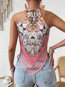 SHEIN VCAY Áo khoác và áo lót dành cho xe tăng nữ Bất đối xứng Buộc lại Paisley Boho - Hồng - Xem 2