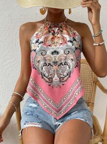SHEIN VCAY Áo khoác và áo lót dành cho xe tăng nữ Bất đối xứng Buộc lại Paisley Boho - Hồng - Xem 3