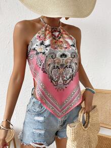 SHEIN VCAY Áo khoác và áo lót dành cho xe tăng nữ Bất đối xứng Buộc lại Paisley Boho - Hồng - Xem 6