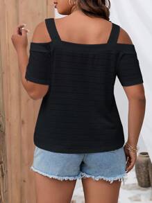 SHEIN LUNE Camiseta unicolor de hombros descubiertos - Negro - Ver 2
