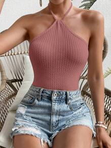 Soleia 素色後背繫帶繞頸緊身連體衣 - 藕粉色 - 查看 1