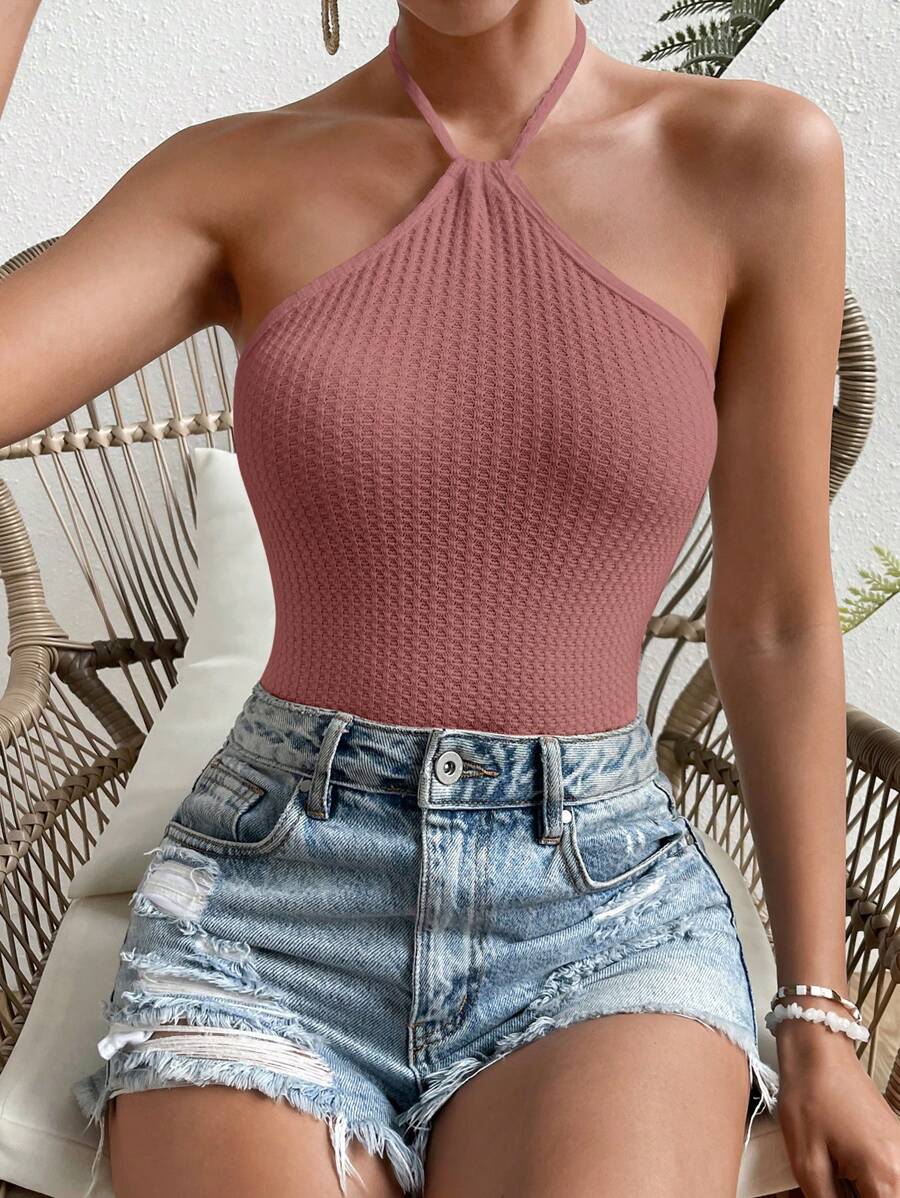 Soleia 素色後背繫帶繞頸緊身連體衣 - 藕粉色 - 查看 1