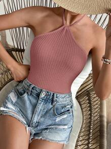 Soleia 素色後背繫帶繞頸緊身連體衣 - 藕粉色 - 查看 3