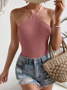 Soleia 素色後背繫帶繞頸緊身連體衣 - 藕粉色 - 查看 4